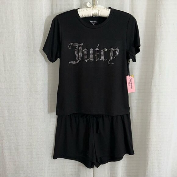 Juicy Couture M Black Beaded Ribbed Knit Short Sleeve Top & Shorts PJ Set - Picture 1 of 9